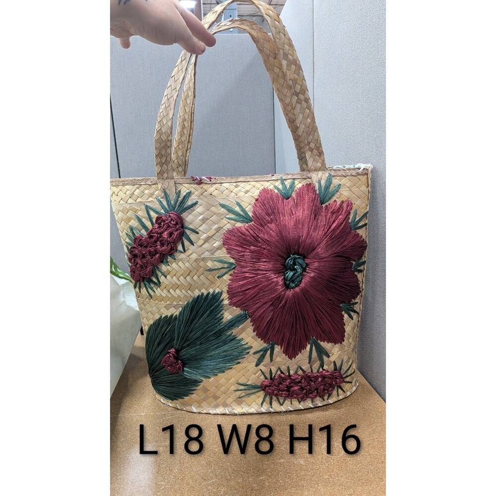 Vintage Straw Tote Bag Raffia Flower Embroidery, Beach Market Purse, Handmade